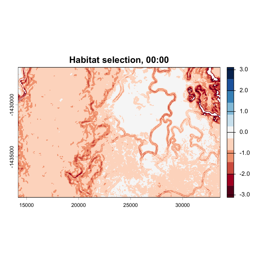 Hourly habitat selection surfaces under the temporally dynamic model.